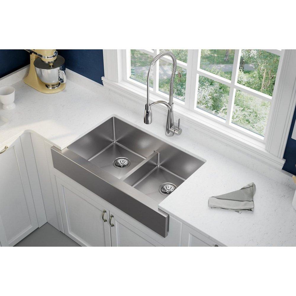 Elkay Polished Satin 35-7/8 x 20-1/4 in. Stainless Steel Double Bowl Farmhouse Kitchen Sink with Sound Dampening 