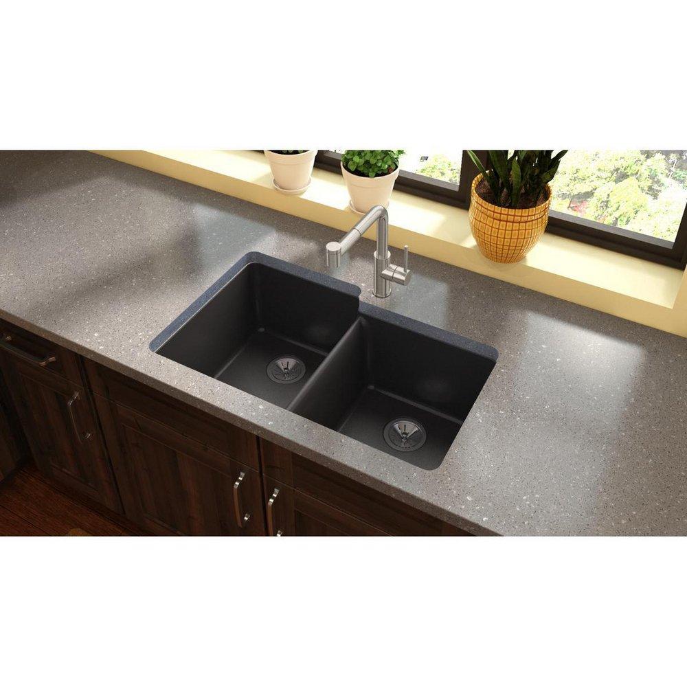 Elkay Caviar 33 x 20-1/2 in. No Hole Composite Double Bowl Undermount Kitchen Sink 