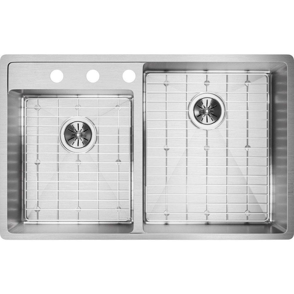 Elkay Polished Satin 18 GAUGE STAINLESS STEEL 32.5 X 20.5 X 9 DOUBLE BOWL UNDERMOUNT LOWERED DECK KITCHEN SINK KIT 