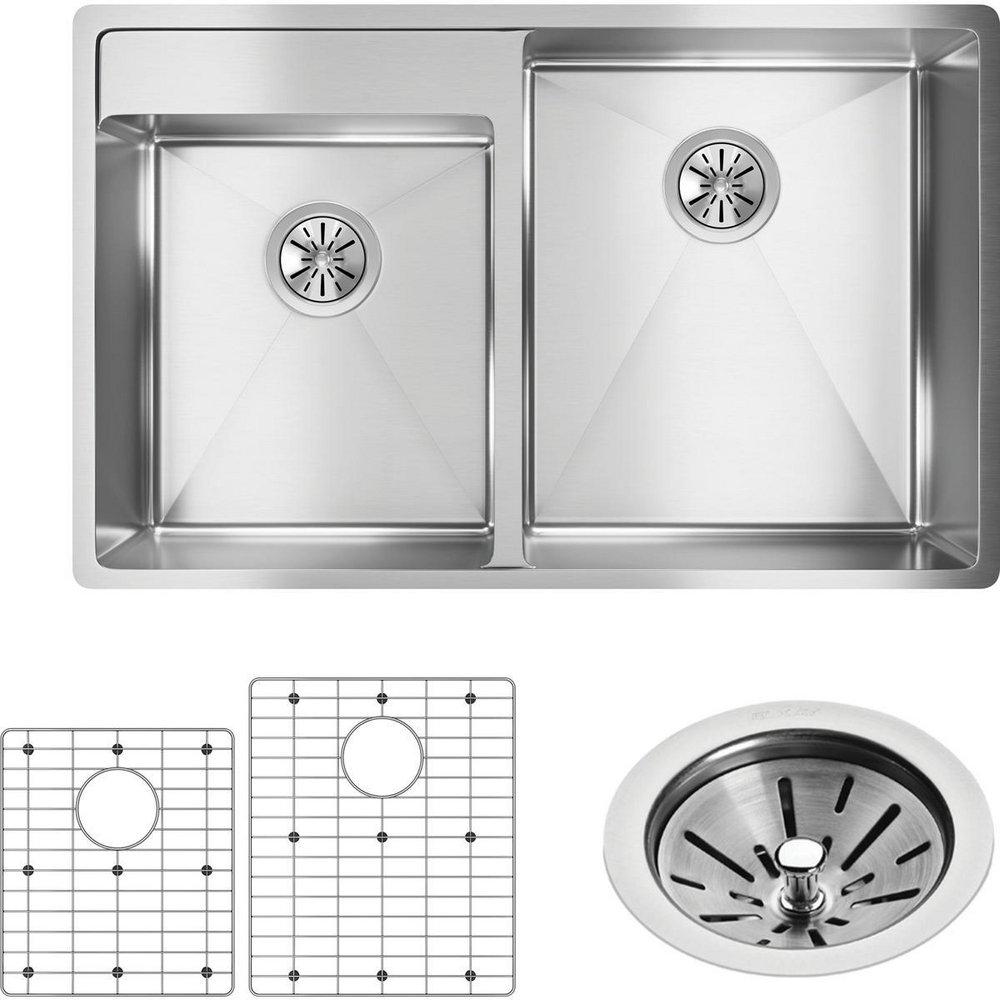 Elkay Polished Satin 18 GAUGE STAINLESS STEEL 32.5 X 20.5 X 9 DOUBLE BOWL UNDERMOUNT LOWERED DECK KITCHEN SINK KIT 