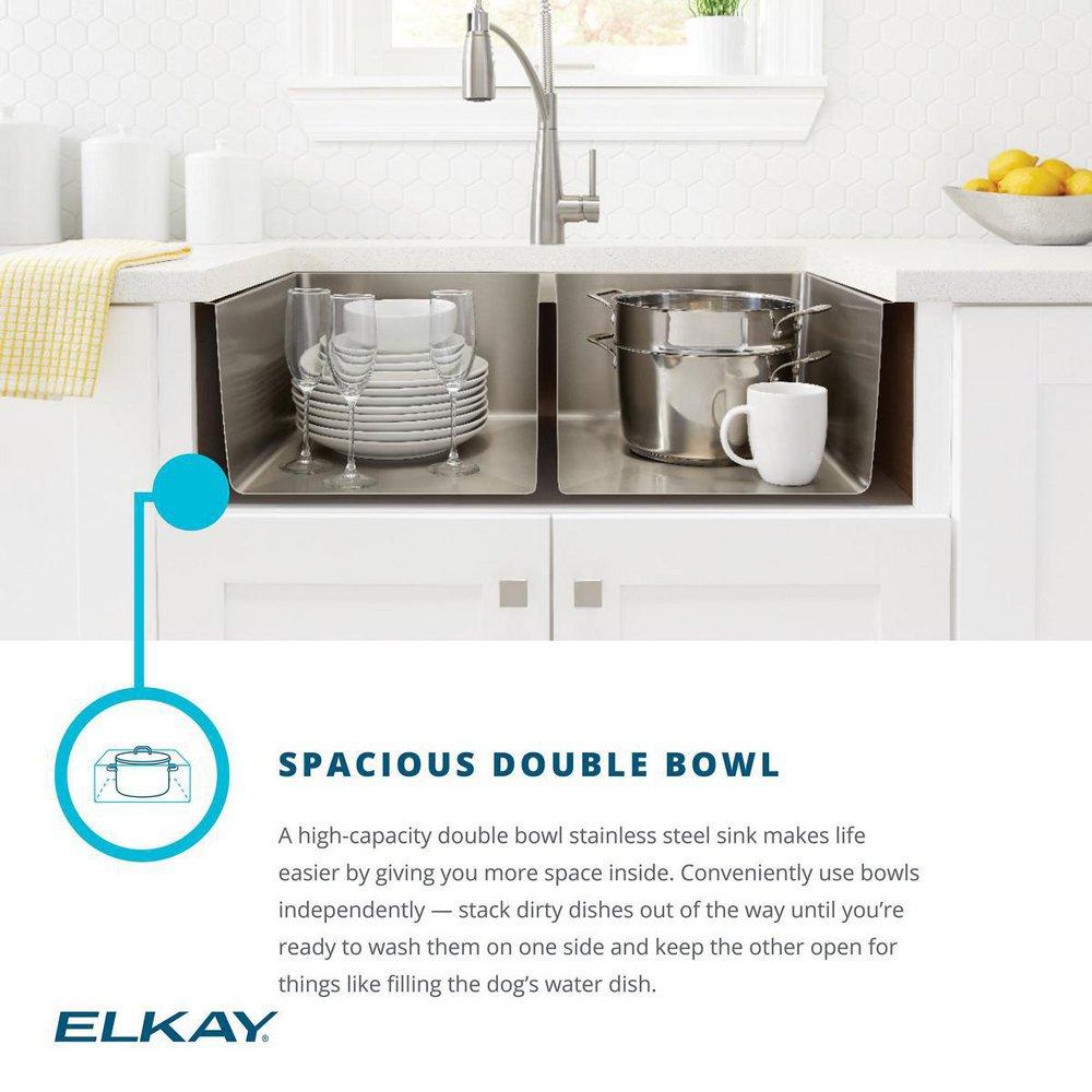 Elkay Polished Satin 18 GAUGE STAINLESS STEEL 32.5 X 20.5 X 9 DOUBLE BOWL UNDERMOUNT LOWERED DECK KITCHEN SINK KIT 