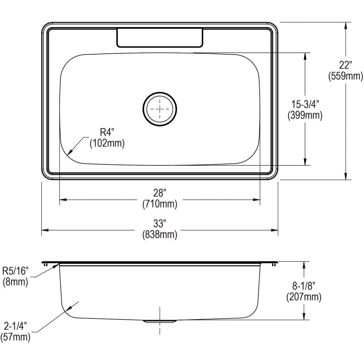 Dayton Satin Black 33 x 22 in. Stainless Steel Single Bowl Drop-in Kitchen Sink in Elite Satin 