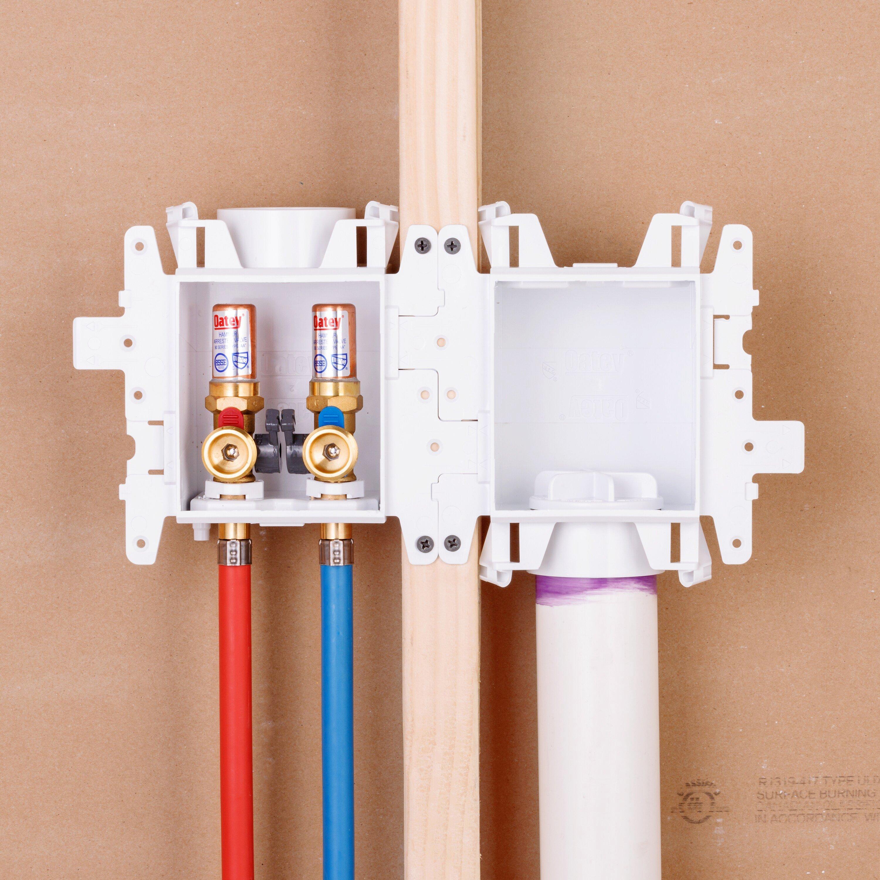 Oatey&reg; White Push-Connect Washing Machine Outlet Box with Hammer Arrestor and Standard Pack 