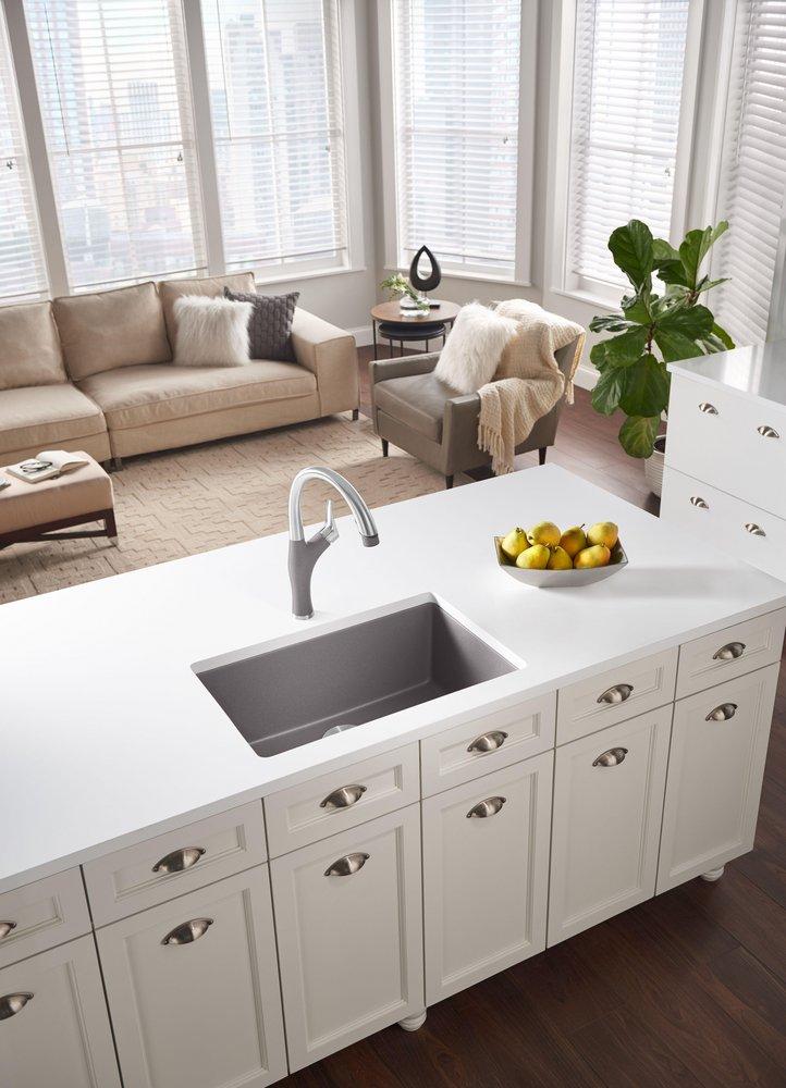 BLANCO Metallic Grey 26-13/16 x 17-3/4 in. No Hole Composite Single Bowl Undermount Kitchen Sink 