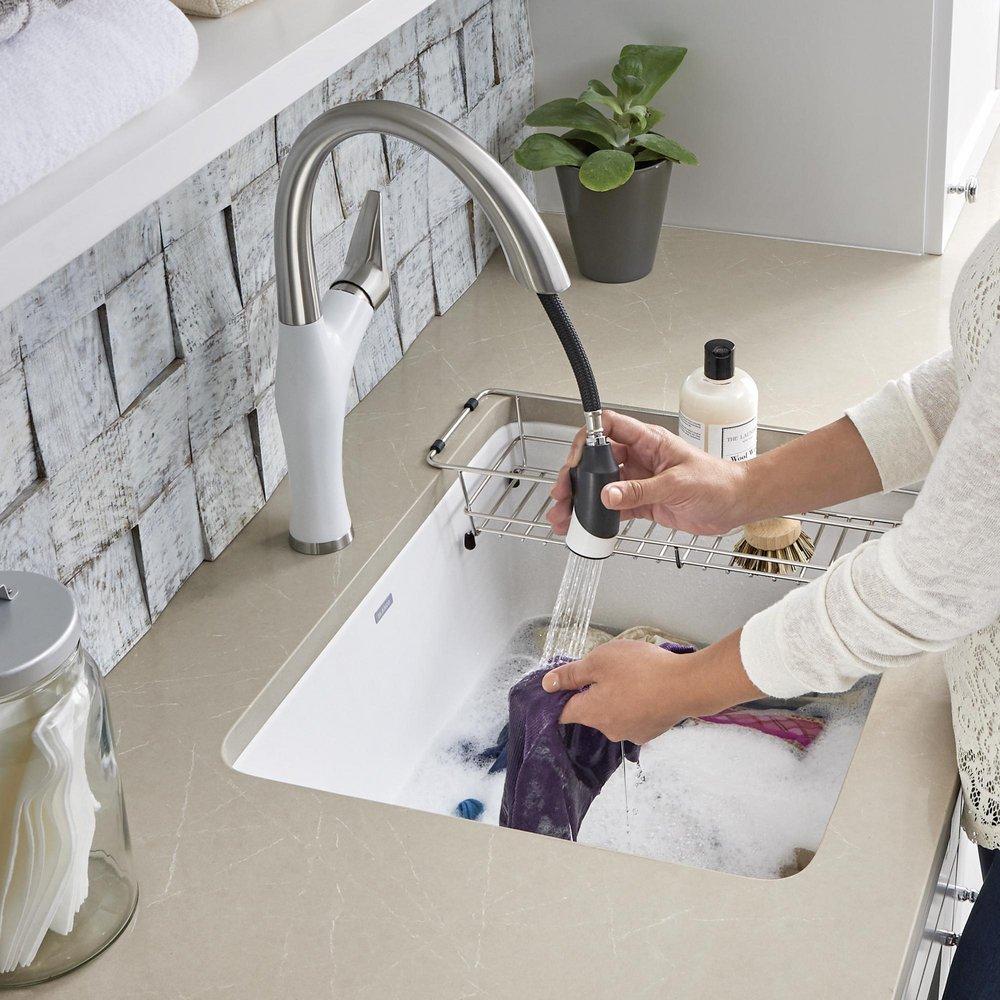 BLANCO White 1-Hole 1-Bowl Drop-In and Undermount Laundry Sink with Rear Center Drain 