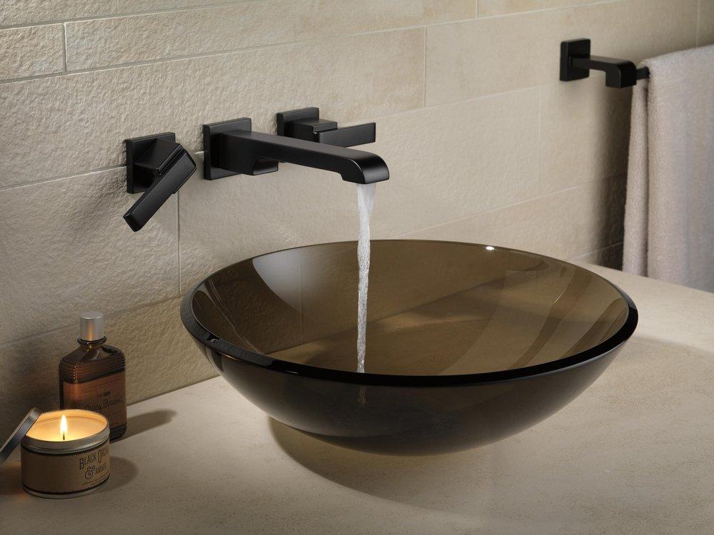 Delta Faucet Matte Black Two Handle Wall Mount Widespread Bathroom Sink Faucet 