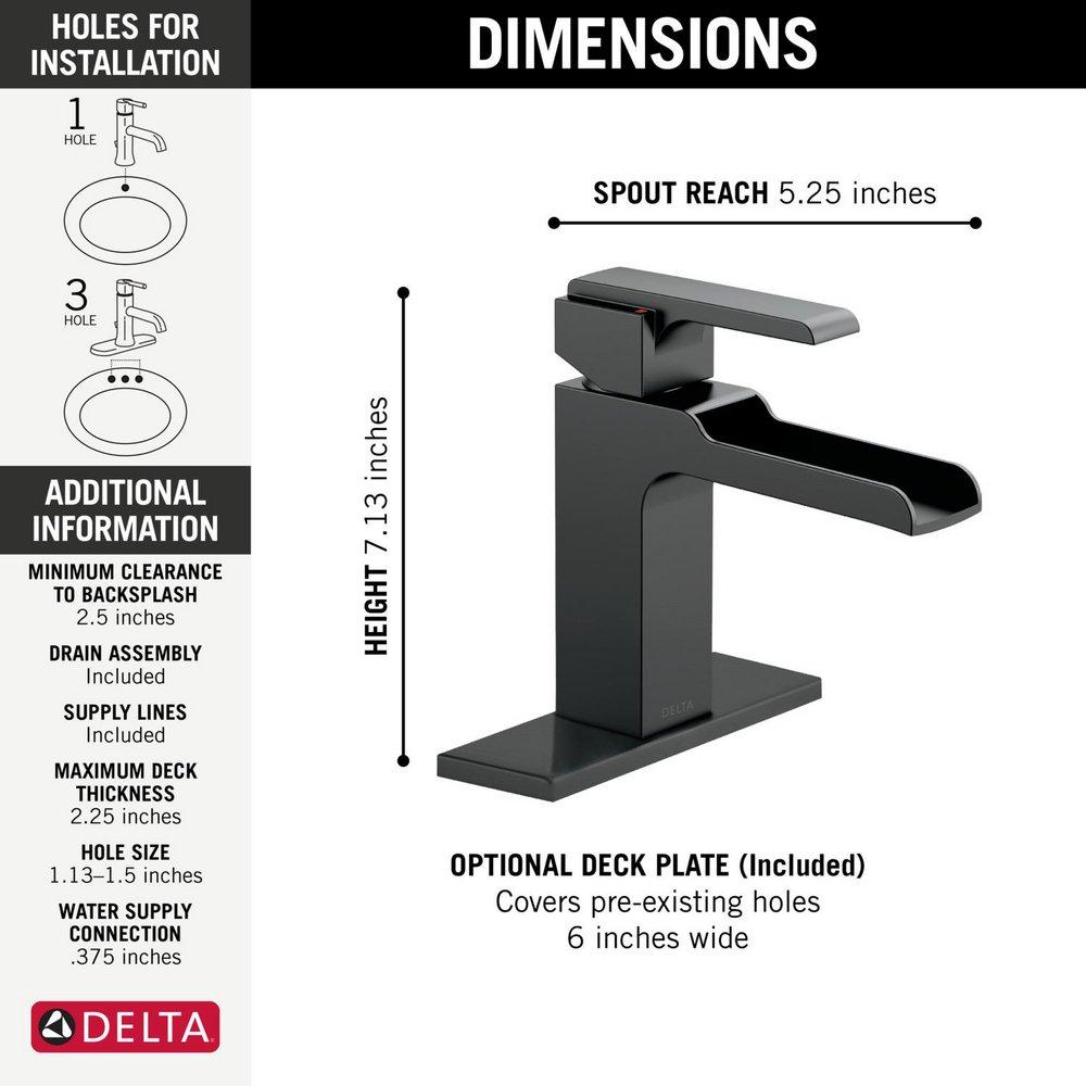 Delta Faucet Matte Black Single Handle Monoblock Waterfall Bathroom Sink Faucet with Metal Pop-Up Drain 