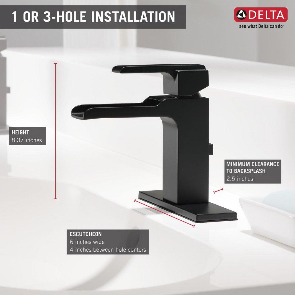 Delta Faucet Matte Black Single Handle Monoblock Waterfall Bathroom Sink Faucet with Metal Pop-Up Drain 