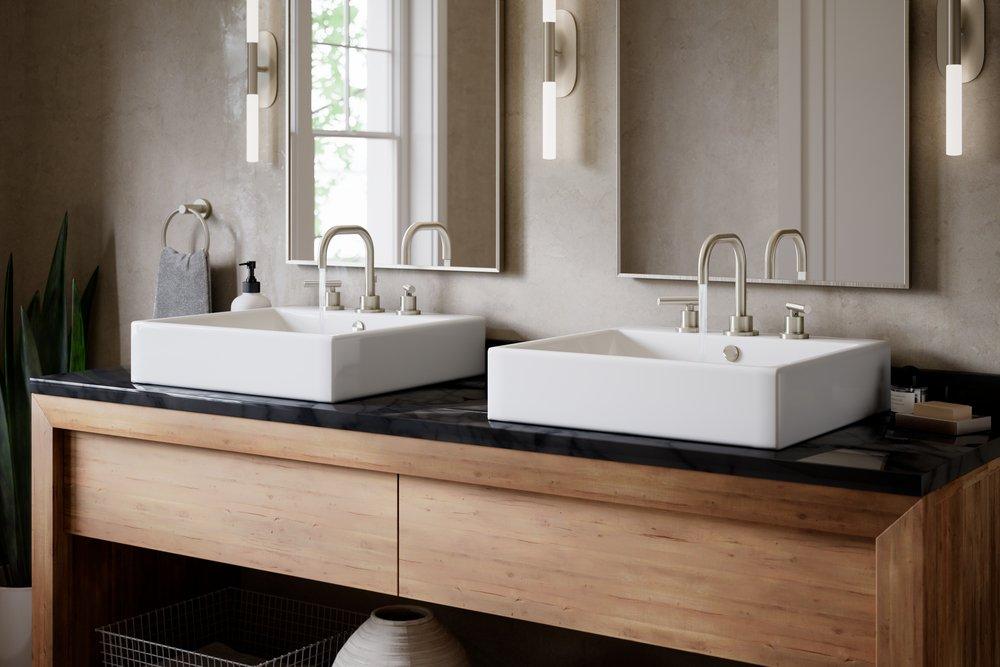 Symmons Industries Satin Nickel 1.5 gpm 3 Hole Deck Mount Widespread Bathroom Sink Faucet with Double Lever Handle 