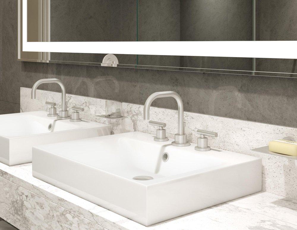 Symmons Industries Satin Nickel 1.5 gpm 3 Hole Deck Mount Widespread Bathroom Sink Faucet with Double Lever Handle 