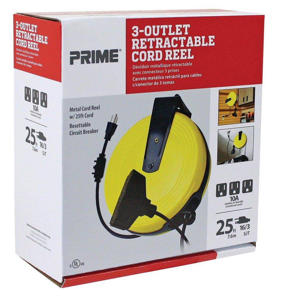 PRIME® Yellow Metal Cord Reel with Triple Tap and Circuit Breaker 