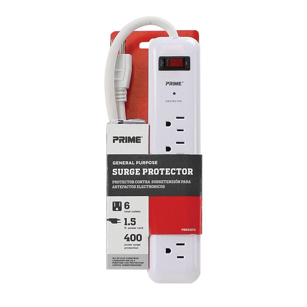 White 6-OUTLET WHIT/GRAY 400J SURGE PROTECTOR W/ 1.5FT. CORD STRAIGHT PLUG 
