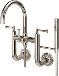 Two Handle Wall Mount Tub Filler with Handshower in Polished Nickel