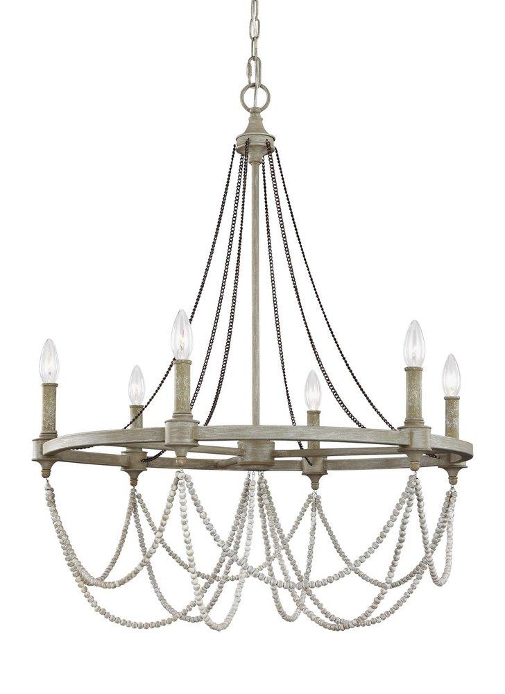 Visual Comfort & Co. Studio French Washed Oak/Distressed White Wood 60W 6-Light Chandelier 