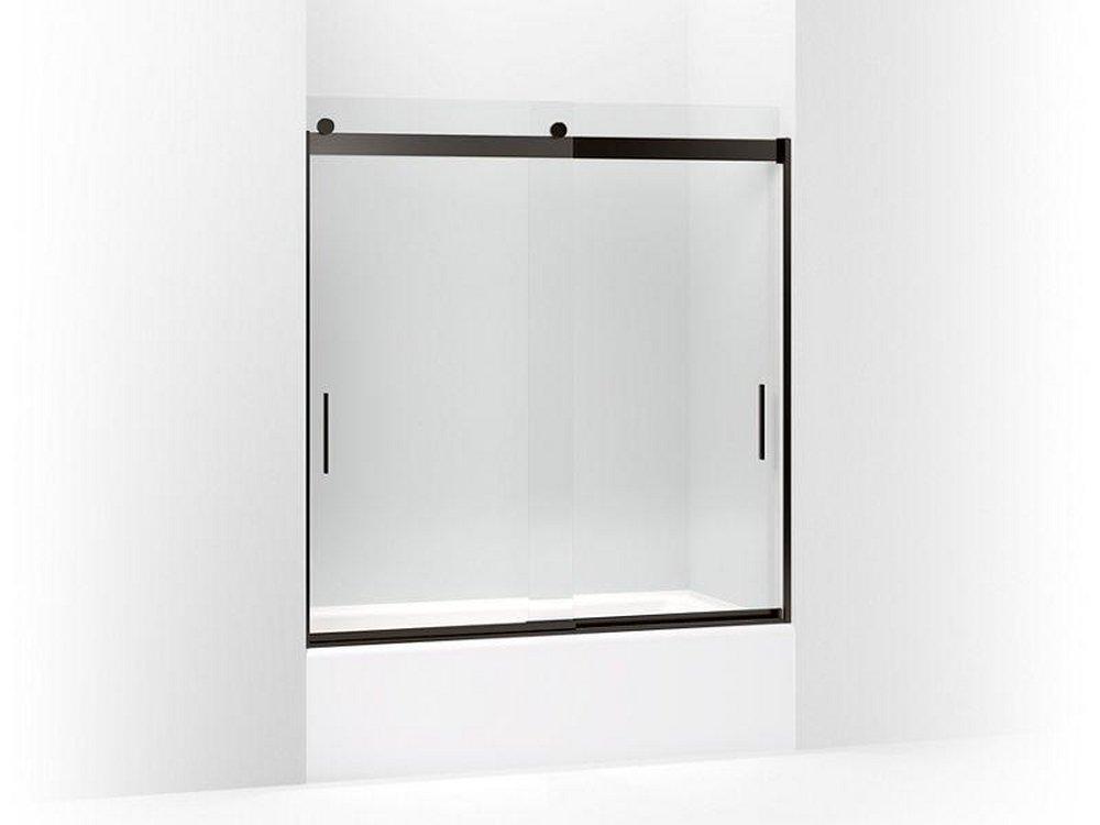 KOHLER Anodized Dark Bronze 62 x 59-5/8 in. Frameless Sliding Bath Door with Crystal Clear Glass and Blade Handle 