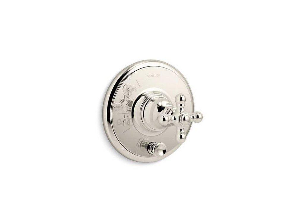 KOHLER Vibrant&reg; Polished Nickel Tub and Shower Pressure Balancing Valve Trim with Metal Single Cross Handle and Diverter 