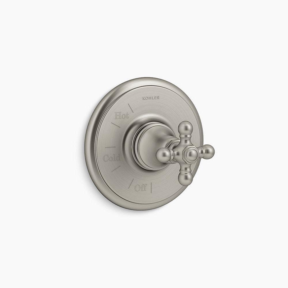 KOHLER Vibrant&reg; Brushed Nickel Tub and Shower Pressure Balancing Valve Trim with Metal Single Cross Handle (Less Diverter) 