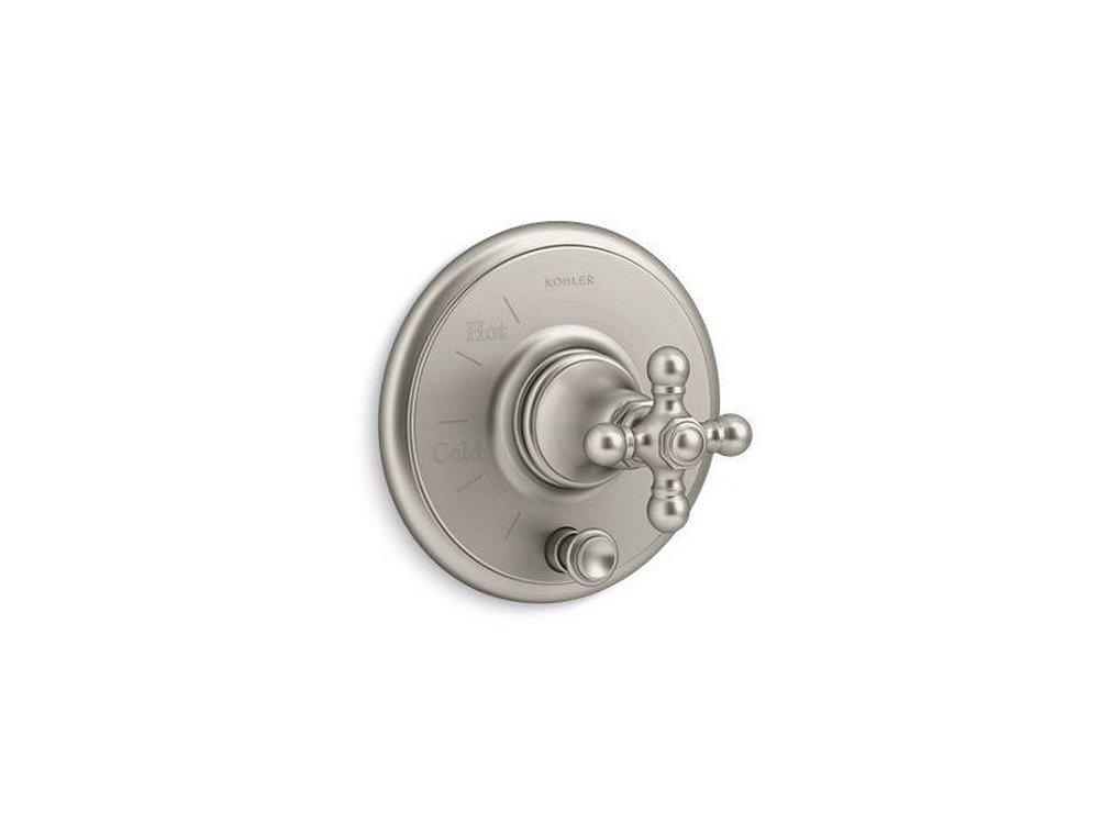 KOHLER Vibrant&reg; Brushed Nickel Tub and Shower Pressure Balancing Valve Trim with Metal Single Cross Handle and Diverter 