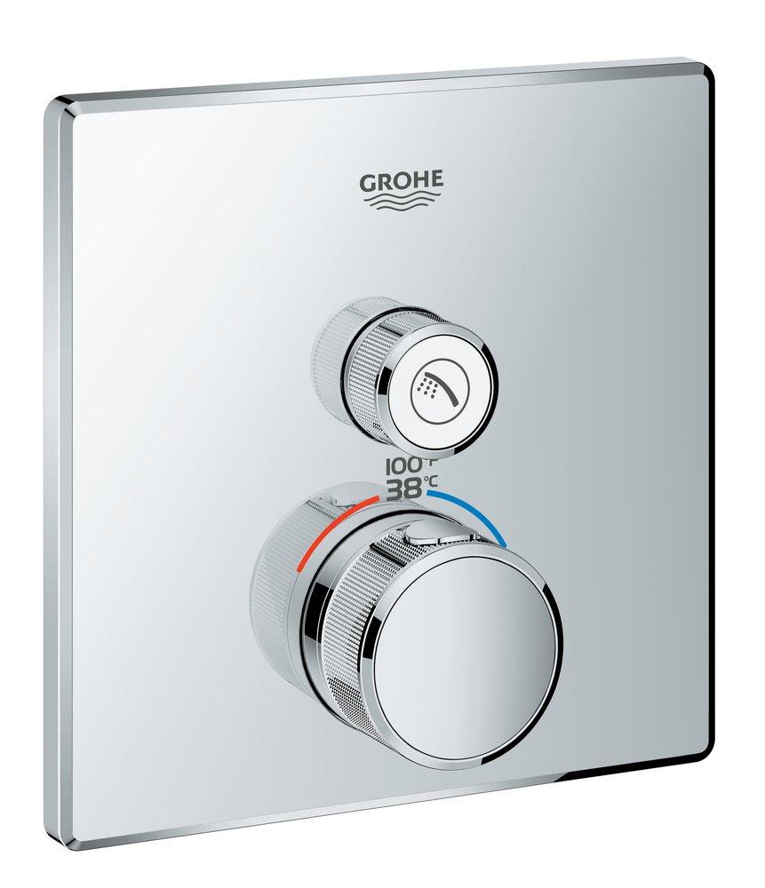 GROHE StarLight&reg; Chrome 1-Function Square Thermostatic Trim with Single Push-Button Handle 