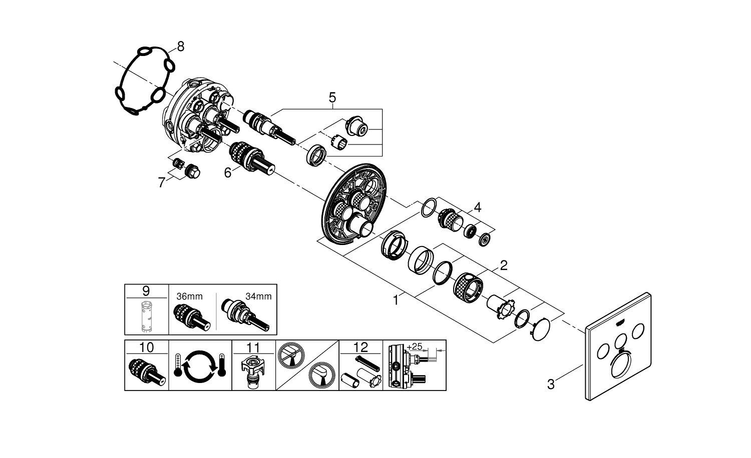 GROHE StarLight® Chrome Four Handle Bathtub & Shower Faucet (Trim Only) 