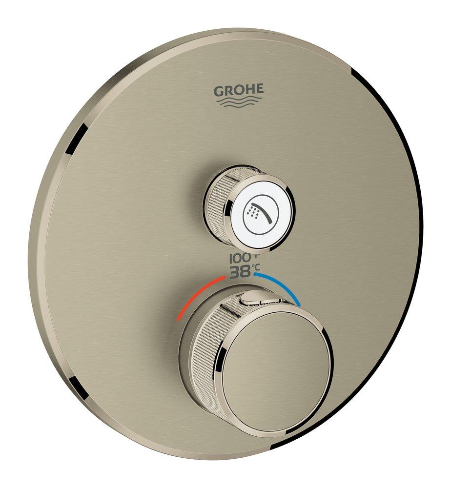 GROHE StarLight&reg; Brushed Nickel 1-Function Round Thermostatic Trim with Single Push-Button Handle 