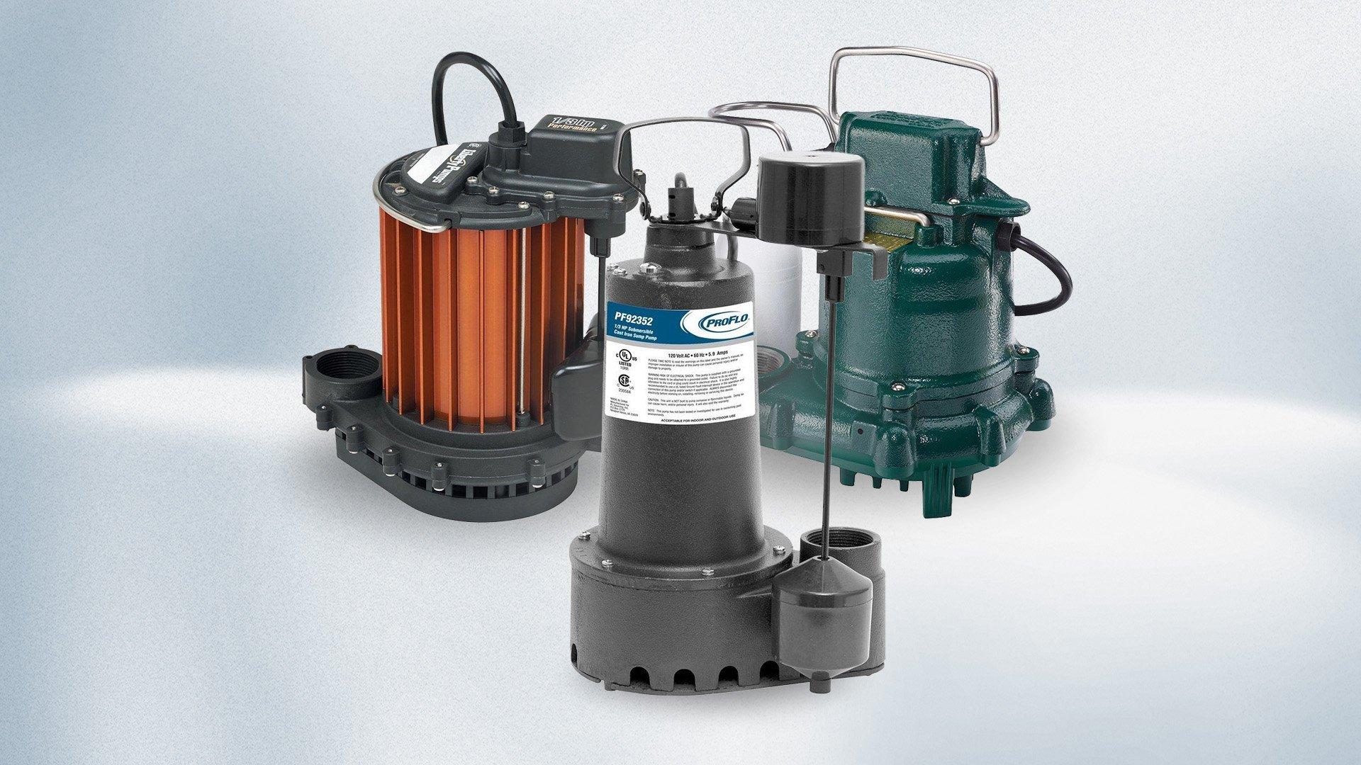 Silo image of 3 sump pumps on white and light blue background.