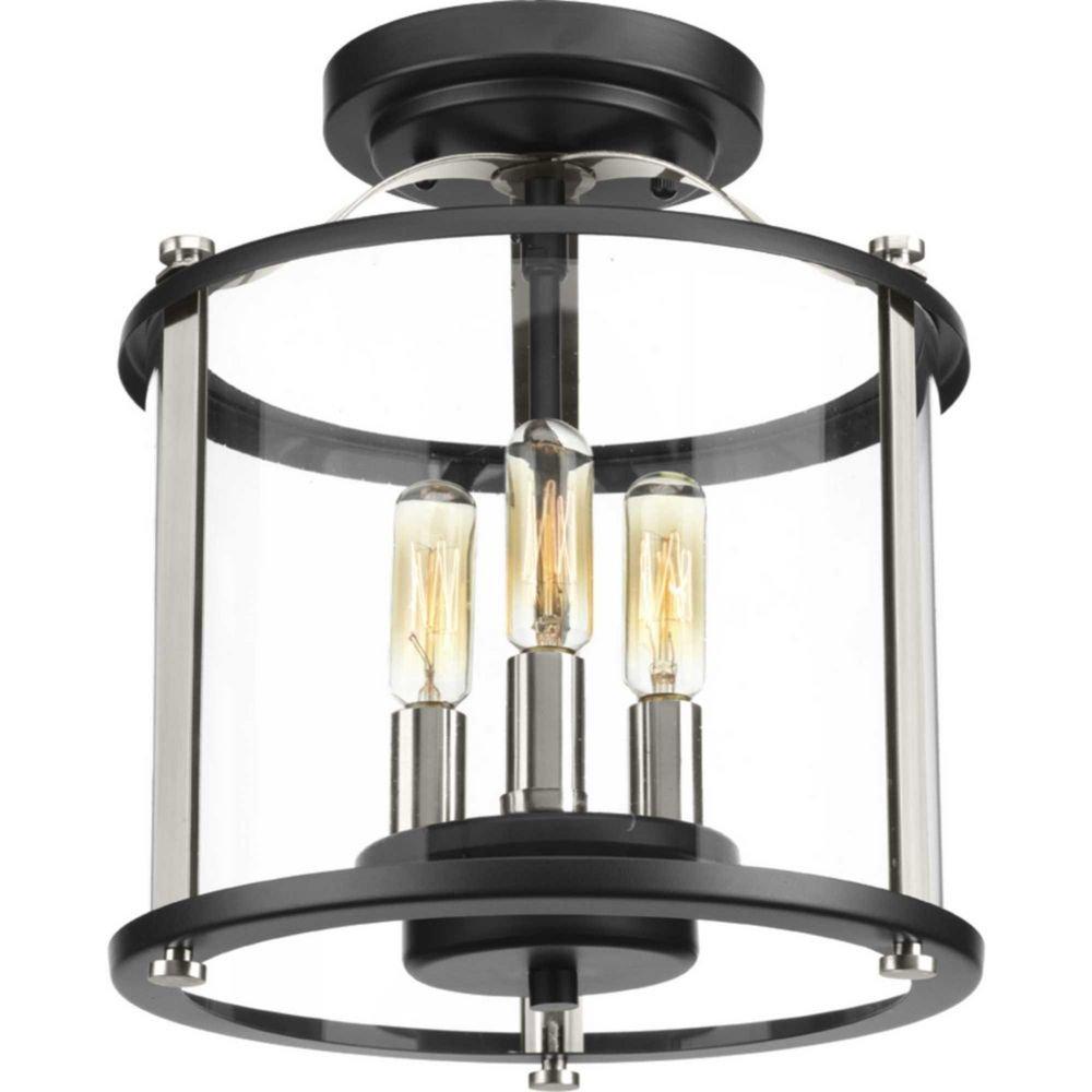 Progress Lighting Black 180W 3-Light Candelabra E-12 Incandescent Semi-Flush Convertible Outdoor Ceiling Fixture 