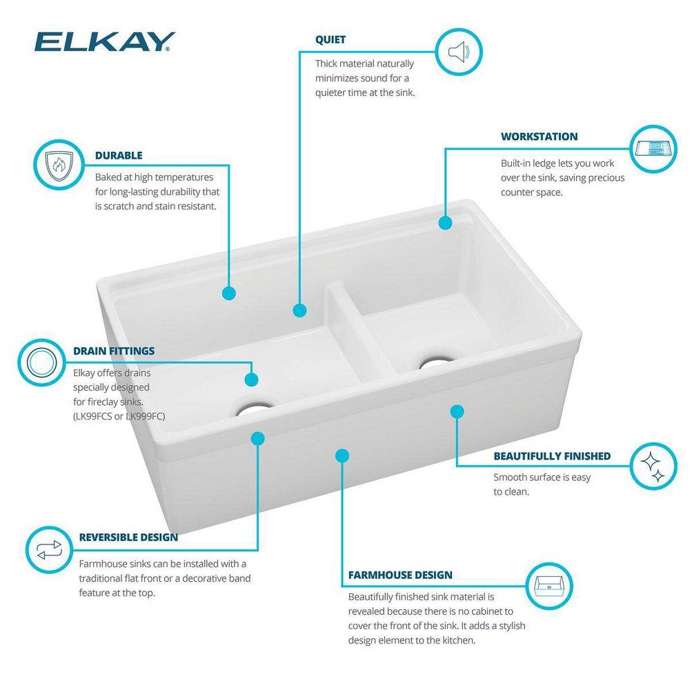 Elkay White 33 x 20 in. Fireclay Double Bowl Farmhouse Kitchen Sink 