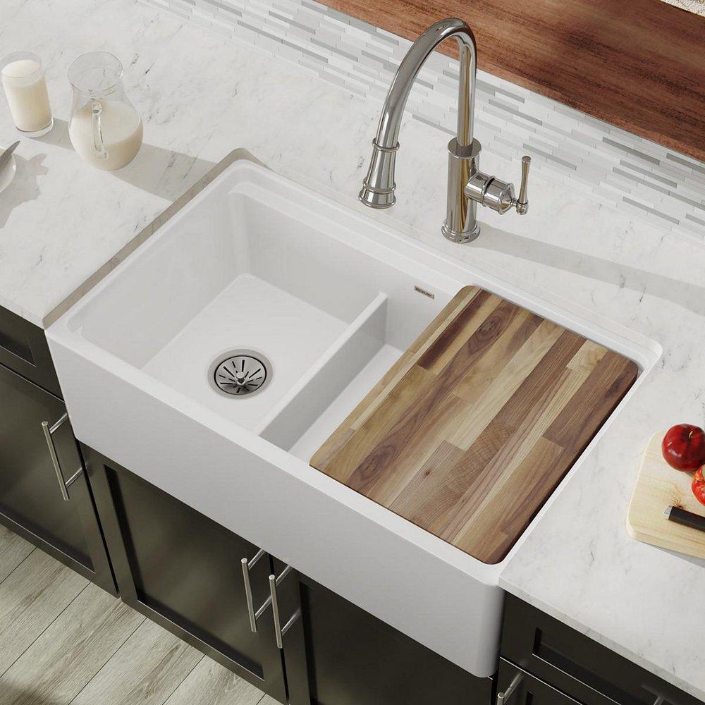 Elkay White 33 x 20 in. Fireclay Double Bowl Farmhouse Kitchen Sink 