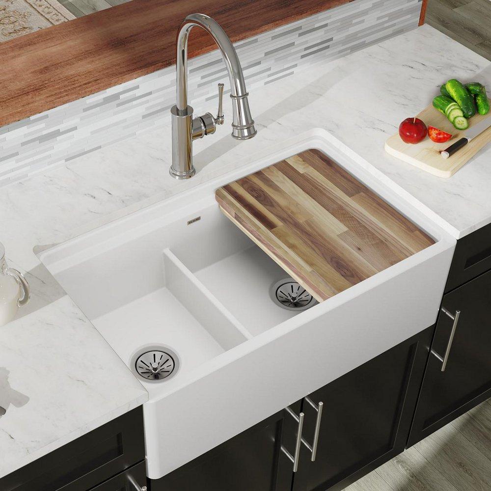 Elkay White 33 x 20 in. Fireclay Double Bowl Farmhouse Kitchen Sink 
