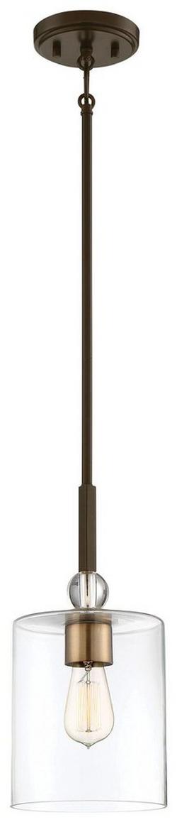 60W 1-Light ST58 Medium E-26 LED Mini Pendant with Clear Glass in Painted Bronze with Natural Brushed Brass