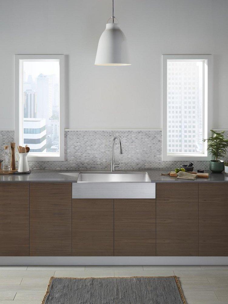 Sterling Satin Stainless Steel 34 x 19-3/4 in. No-Hole Stainless Steel Single Bowl Apron Front and Undermount Kitchen Sink 