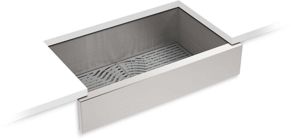 Sterling Satin Stainless Steel 34 x 19-3/4 in. Stainless Steel Single Bowl Farmhouse Kitchen Sink with Sound Dampening - Includes Silicone Mat and Sink Strainer 