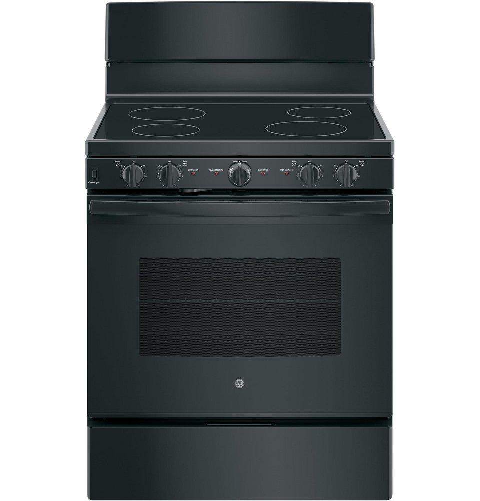 GE&reg; Black 30 in. Electric 4-Burner Radiant Smoothtop Freestanding Range 