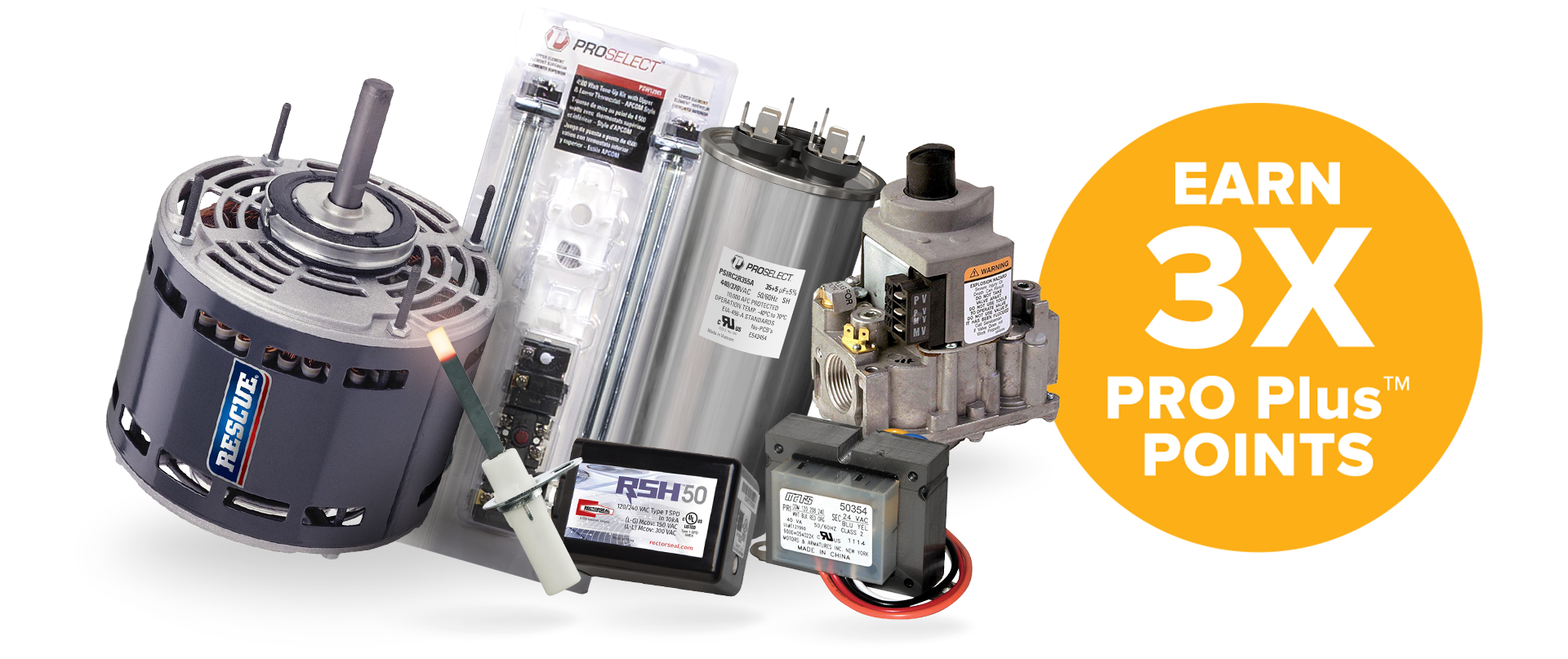 Silo imagery of heating, cooling and IAQ products with PRO Plus icon. 