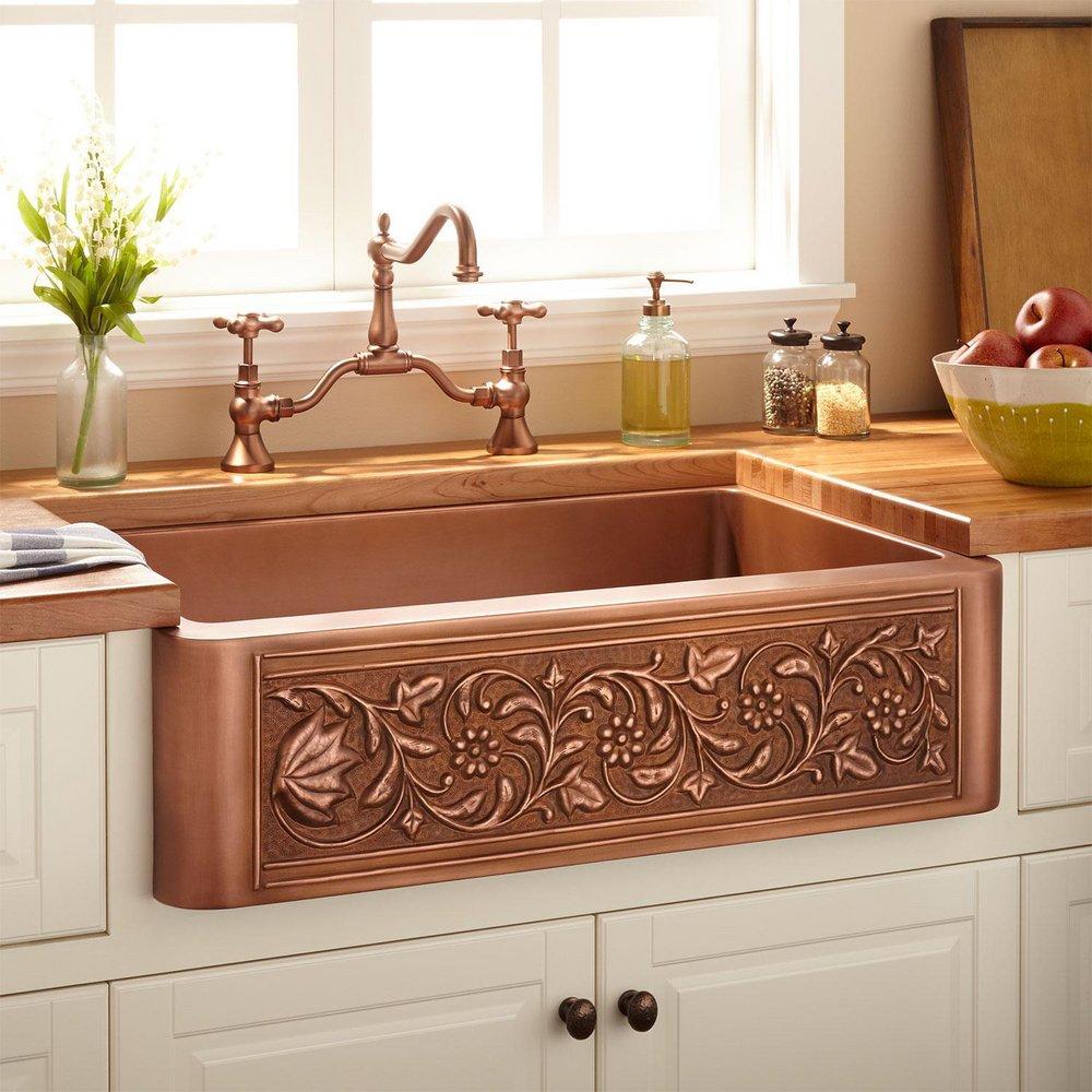 Signature Hardware Antique Copper 32-3/4 x 22 in. Copper Single Bowl Farmhouse Kitchen Sink 