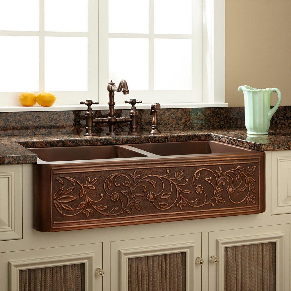 Signature Hardware Antique Copper 35-3/4 x 21-3/4 in. Copper Double Bowl Farmhouse Kitchen Sink 