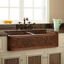 Signature Hardware Antique Copper 35-3/4 x 21-3/4 in. Copper Double Bowl Farmhouse Kitchen Sink 