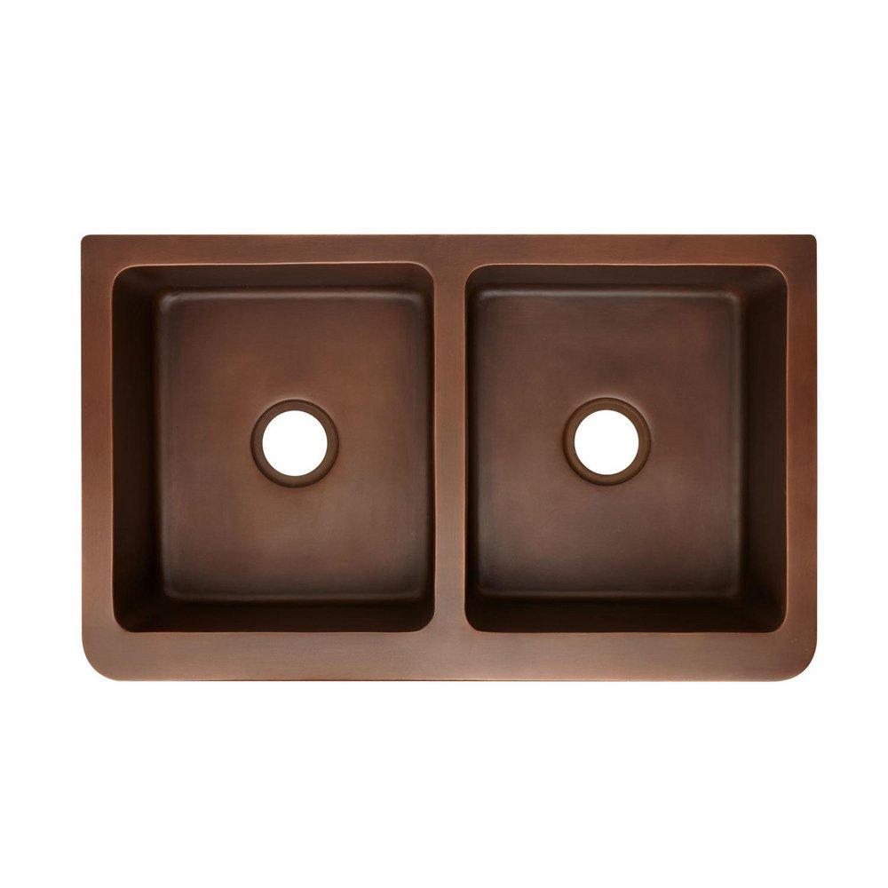 Signature Hardware Antique Copper 35-3/4 x 21-3/4 in. Copper Double Bowl Farmhouse Kitchen Sink 