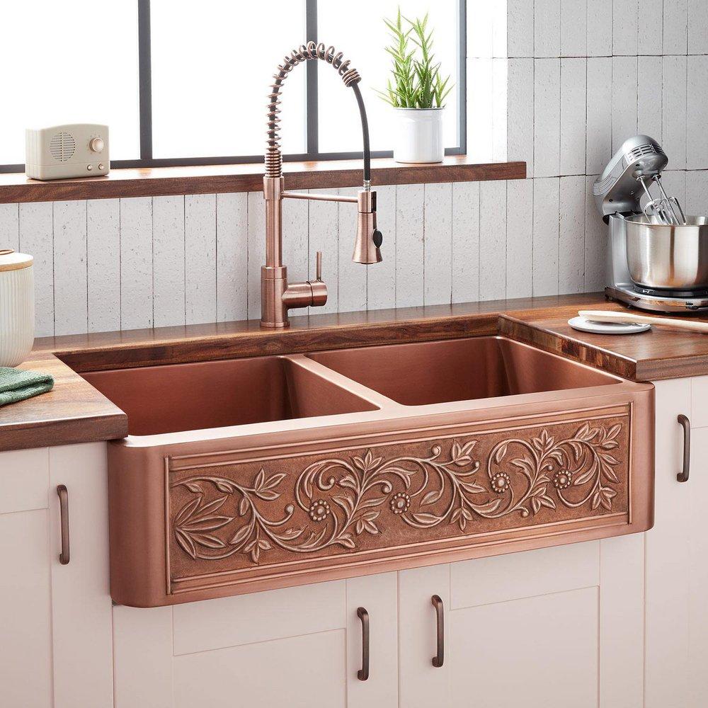 Signature Hardware Antique Copper 35-3/4 x 21-3/4 in. Copper Double Bowl Farmhouse Kitchen Sink 