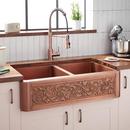 Signature Hardware Antique Copper 35-3/4 x 21-3/4 in. Copper Double Bowl Farmhouse Kitchen Sink 