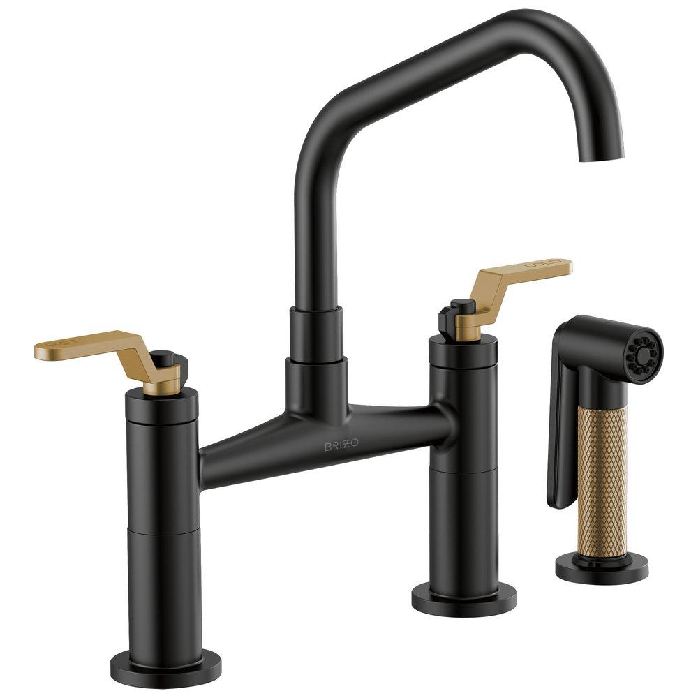 Brizo Matte Black/Luxe Gold Lead Law Compliant Not Certified LITZE: BRIDGE FAUCET WITH ANGLED SPOUT AND INDUSTRIAL HANDLE 