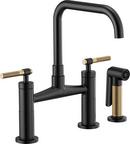 Two Handle Bridge Kitchen Faucet with Side Spray in Matte Black/Luxe Gold