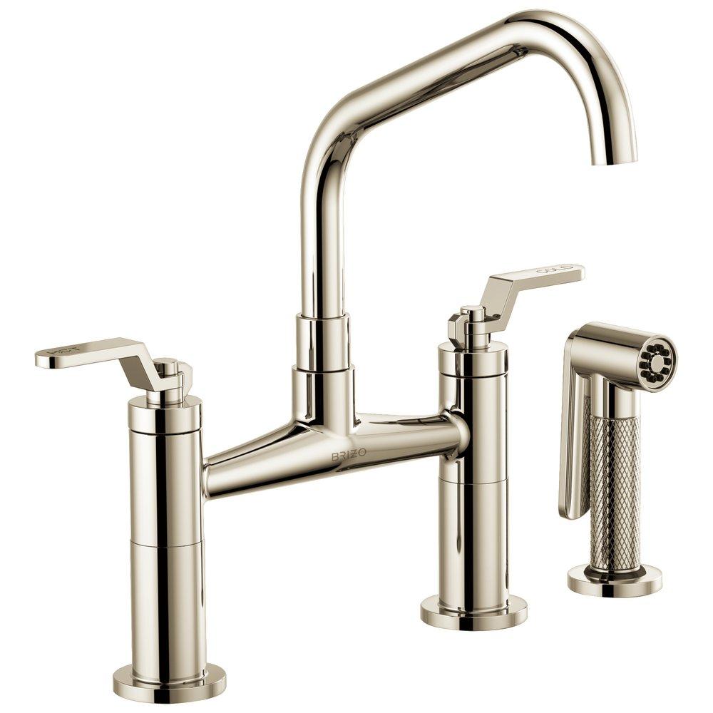 Brizo Polished Nickel Lead Law Compliant Not Certified LITZE: BRIDGE FAUCET WITH ANGLED SPOUT AND INDUSTRIAL HANDLE 