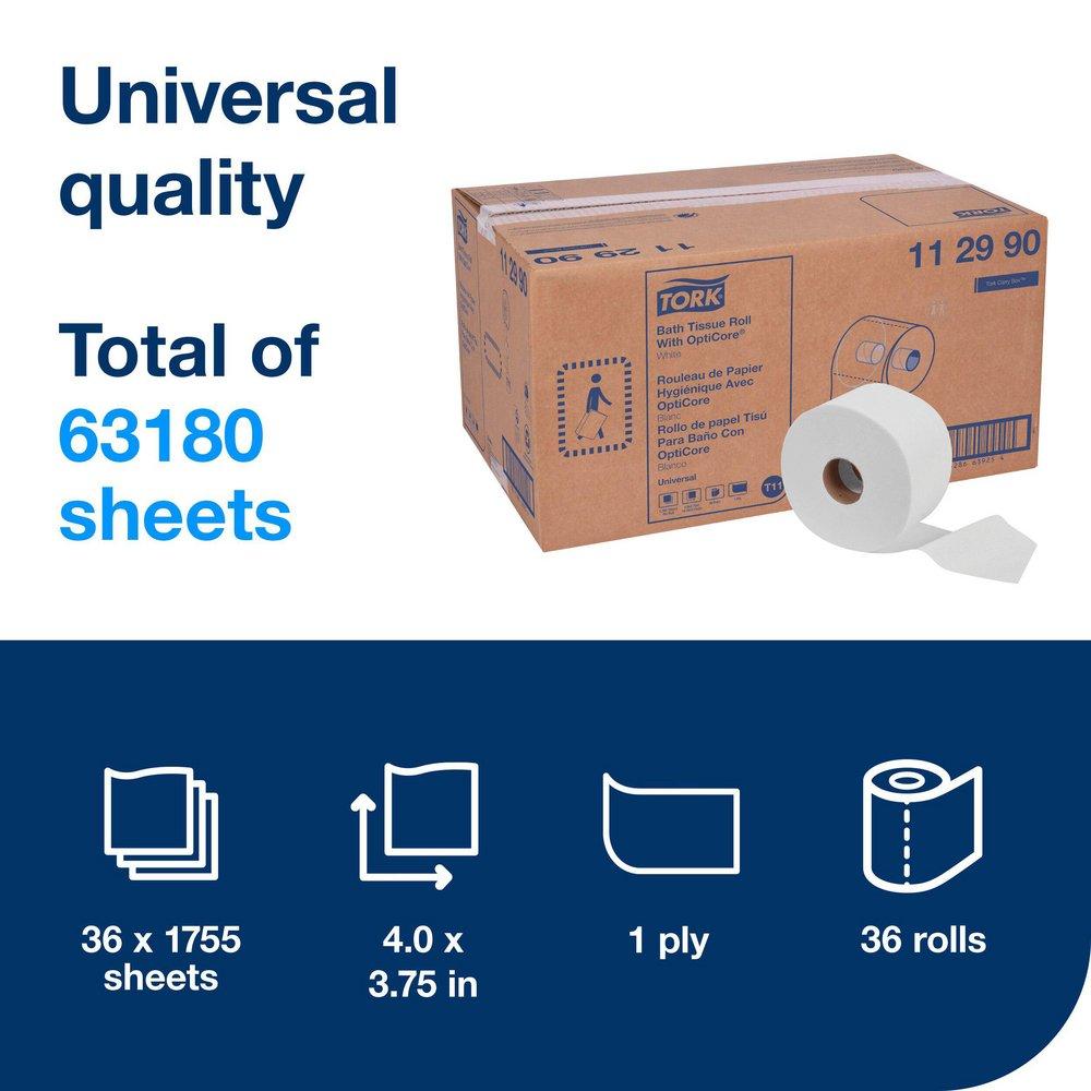 Tork White Bath Tissue Roll with OptiCore&reg;, 1-Ply 1755-Sheets, White, T11 System 