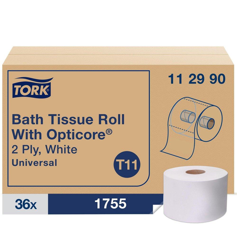Tork White Bath Tissue Roll with OptiCore&reg;, 1-Ply 1755-Sheets, White, T11 System 