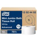 Tork White Mini Jumbo Bath Tissue Roll, 2-Ply, White, T2 System 