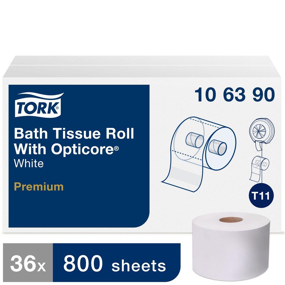 Tork White Bath Tissue Roll with OptiCore&reg;, 2-Ply 800-Sheets, White, T11 System 