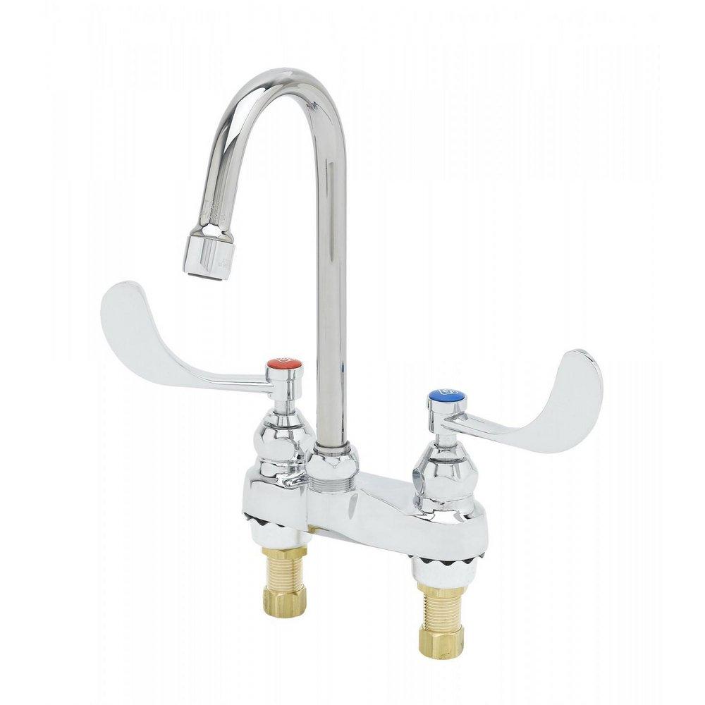 T&S Brass Polished Chrome 1/2 in. 0.5 gpm 2-Hole Surface Mount Centerset Faucet with Double Wrist Action Handle, 4 in. Center Size, Tubular and Gooseneck Spout 4-3/8 in. Reach 