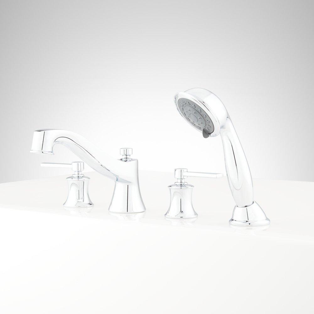 Signature Hardware Chrome 1.8 gpm 4-Hole Deck Mount Roman Tub Faucet with Double Lever Handle and Hand Shower 